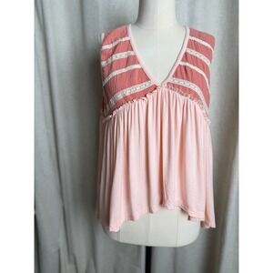 POL Women Pink Coral Lace Trim Babydoll Boho V-Neck Sleeveless Tank Top Small
